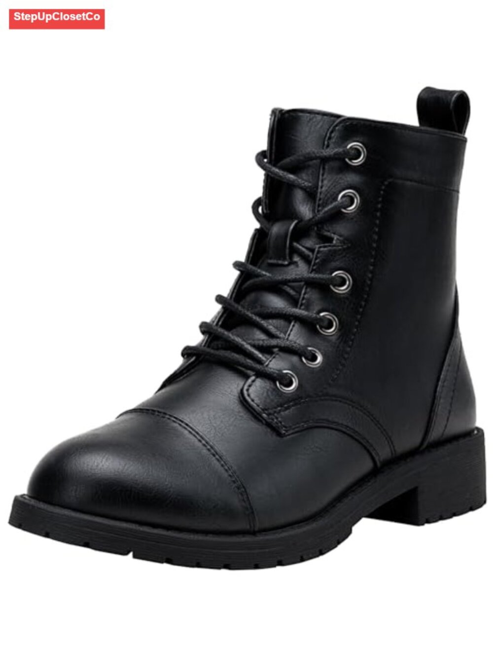 Women's Lace Up Combat Ankle Boots, Faux Leather Low Block Heel Bootie